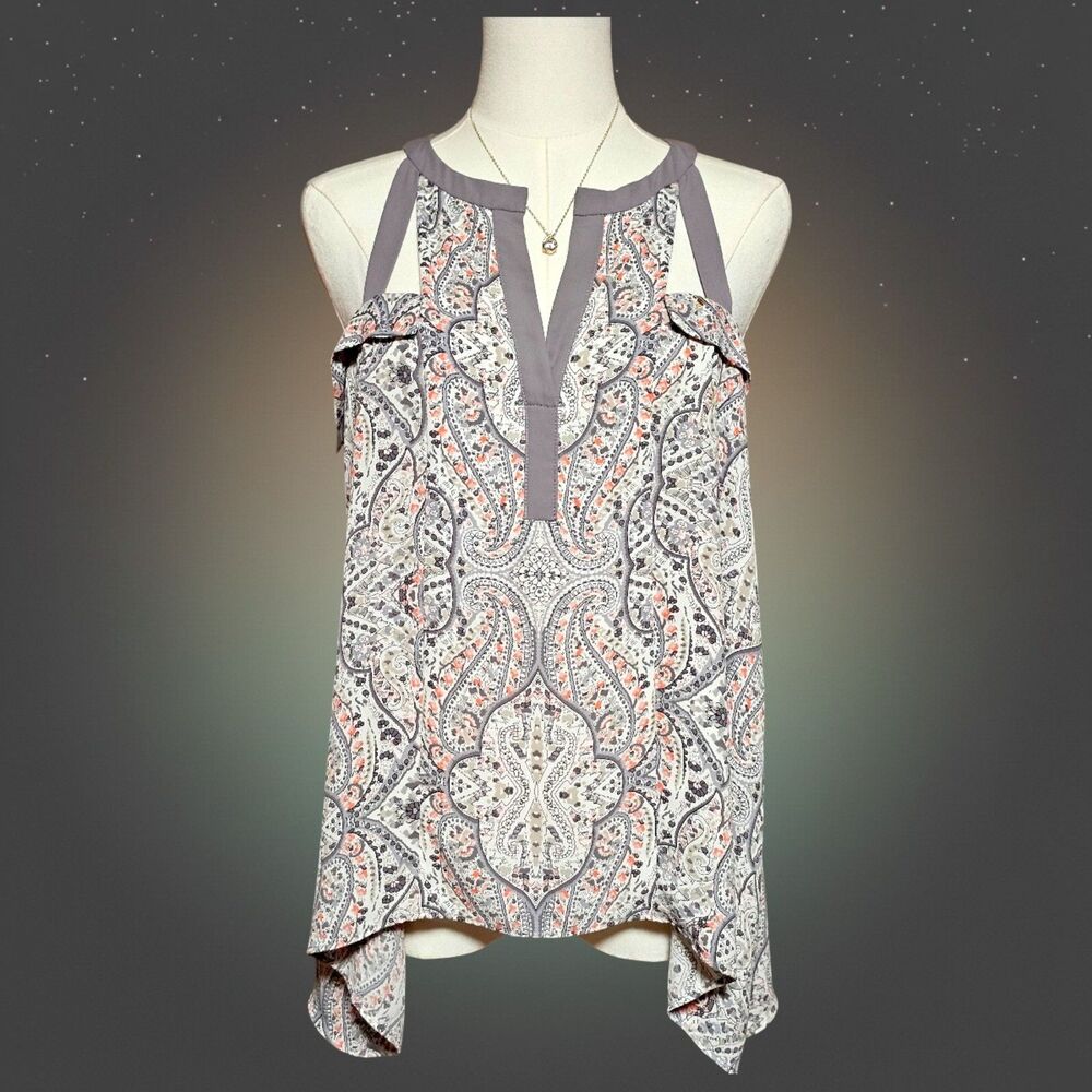 BCBGMAXAZRIA Small Paisley Blouse Taupe Boho Festival Chiffon Hi Low
